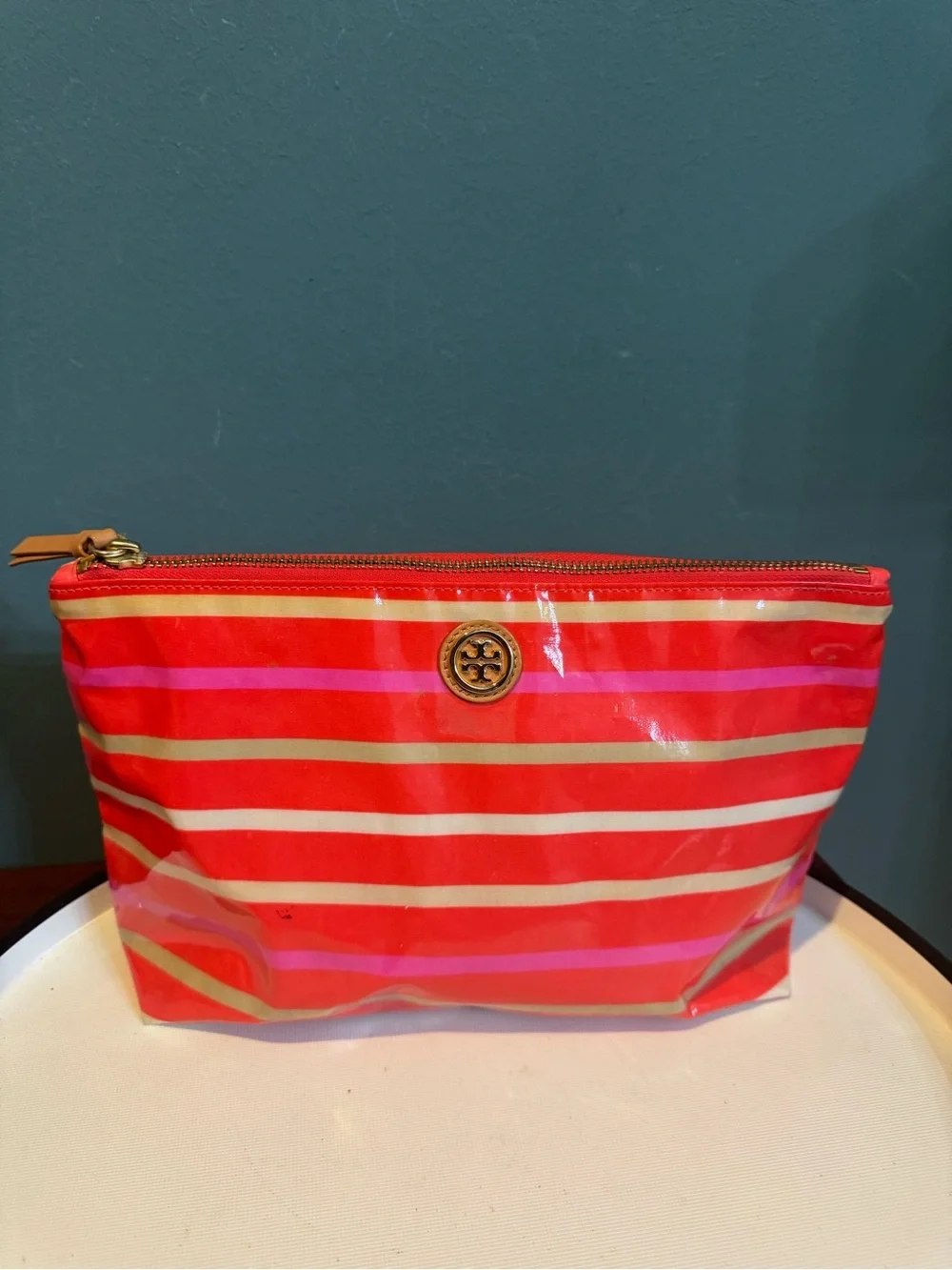 Tory Burch Striped Brigitte Cosmetic Case in Poppy Red